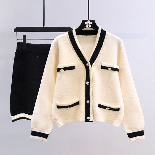 Xiaoxiangfeng Contrasting Color V-neck Knitted Cardigan Suit Women's Spring 2023 New Fashion Western-style Skirt Two-piece Set