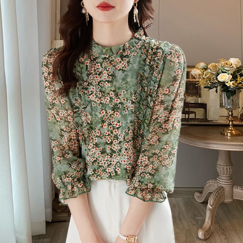 Latest Design Ladies Long Sleeve Printed Floral Chiffon Tops