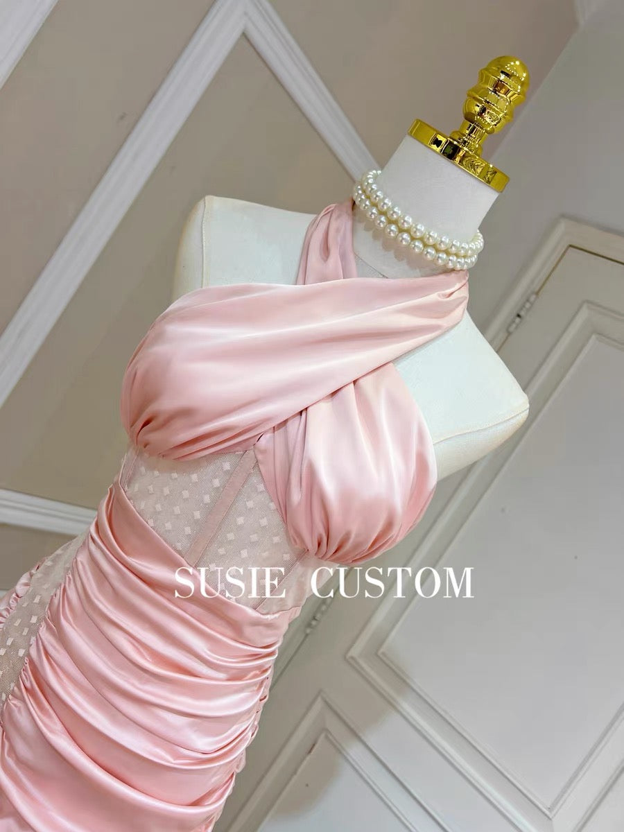 High-definition pure desire zircon rhinestone chain satin knot tube top stitching polka dot mesh pleated hip dress skirt