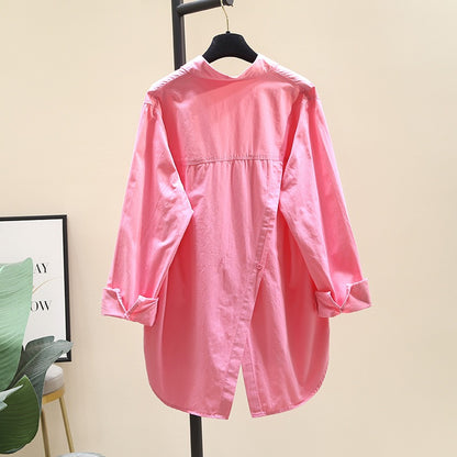 Rose red rear slit cotton shirt women 2023 spring new Korean version loose long-sleeved shirt chic top coat