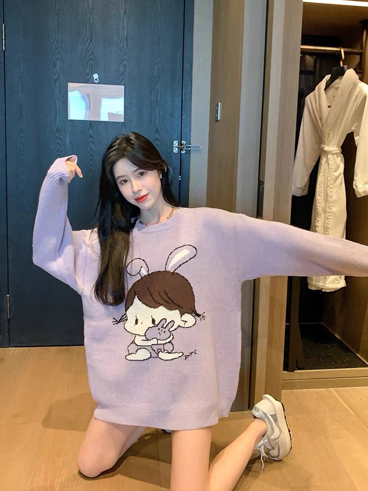 Soft waxy lavender cartoon cute knitted sweater 2022 early autumn new top loose Korean version sweater women's mid-length