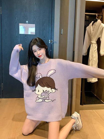 Soft waxy lavender cartoon cute knitted sweater 2022 early autumn new top loose Korean version sweater women's mid-length