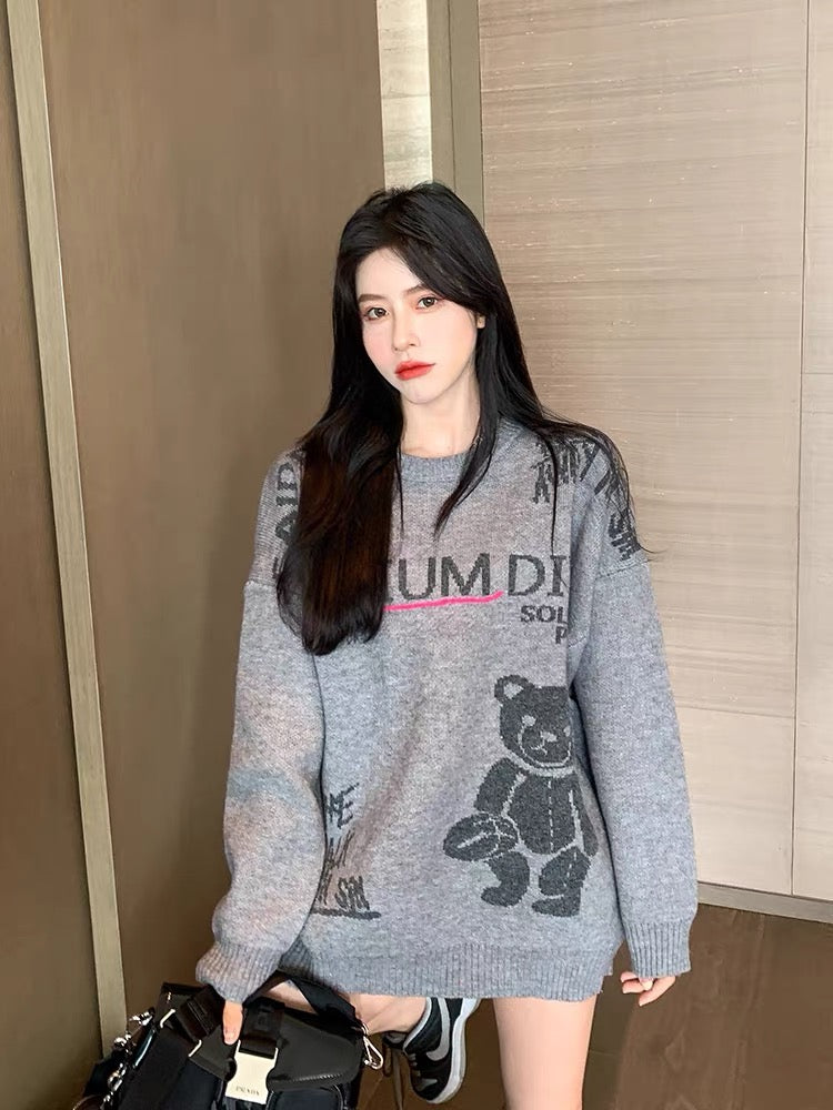 Korean Grey Cartoon Bear Sweater Women's Hong Kong Style Western-style Age-reducing Tops Autumn and Winter Loose Pullover Sweaters