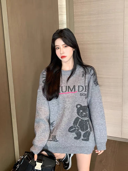 Korean Grey Cartoon Bear Sweater Women's Hong Kong Style Western-style Age-reducing Tops Autumn and Winter Loose Pullover Sweaters