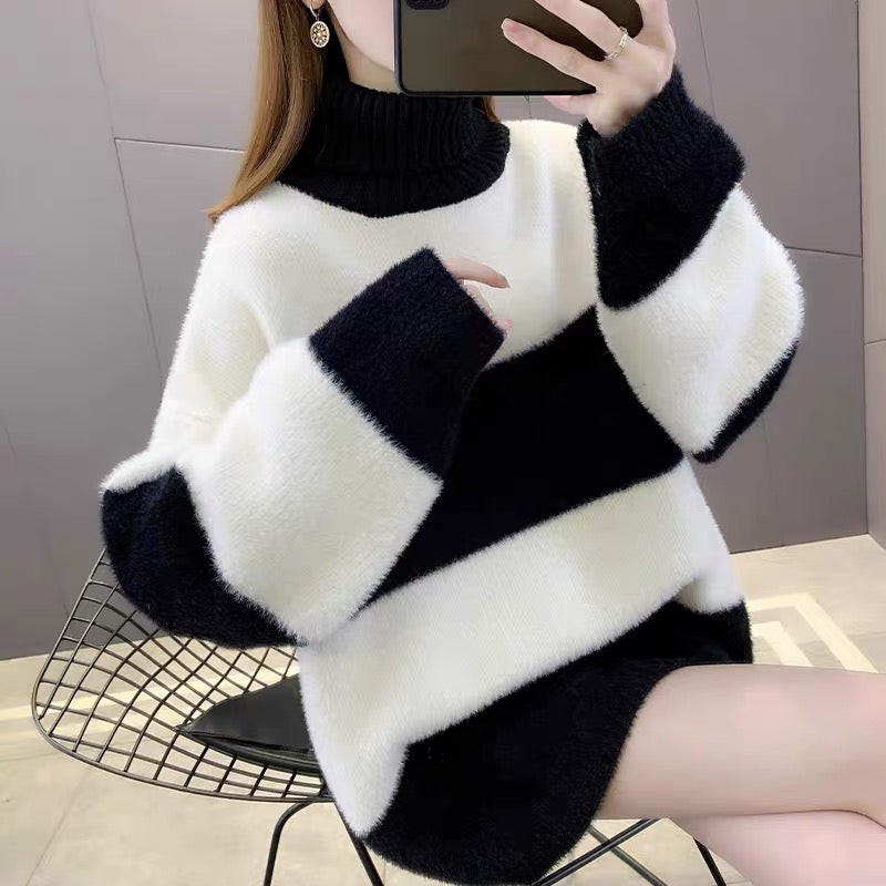 Autumn and winter women's turtleneck mink fleece sweater women's 2022 new loose mid-length lazy wind bottoming shirt women's thickening