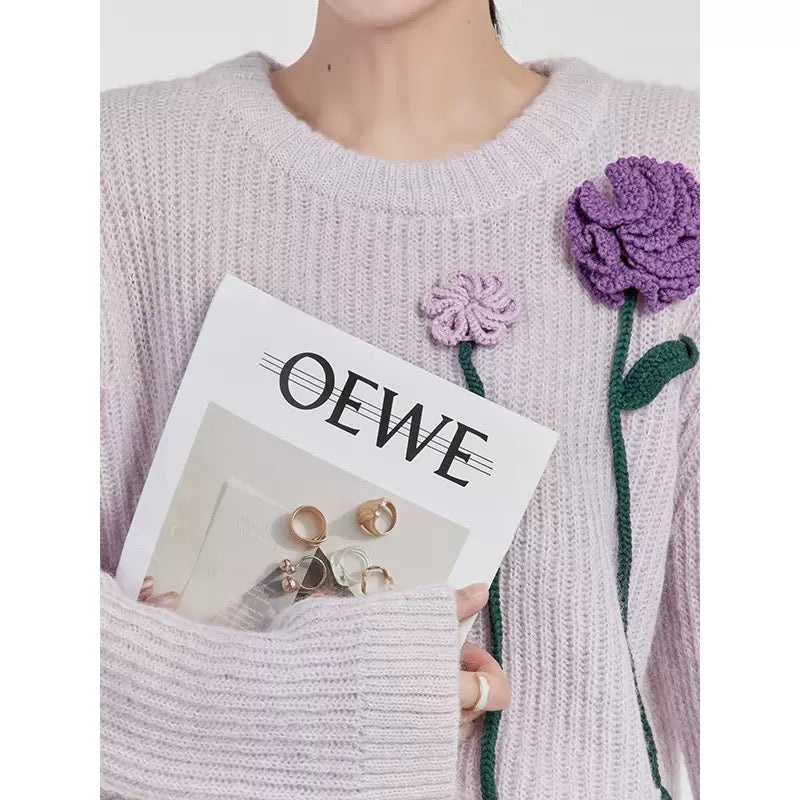 LLL LAB / three-dimensional flower sweater design sense niche purple lazy sweater French gentle top early autumn 1645