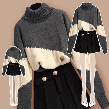 Small man autumn suit female 2022 autumn and winter new high-end fashion casual western style sweater two-piece set