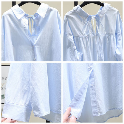 Blue loose large version lace-up shirt women 2023 spring new Korean version age-reducing design sense shirt chic top