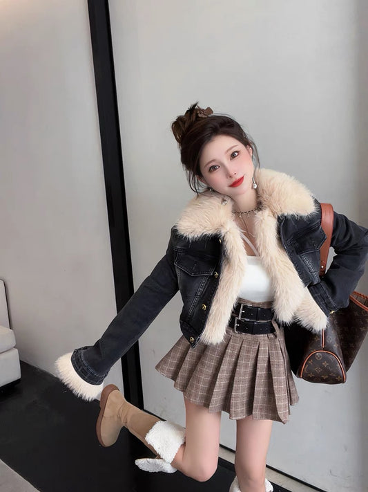 Denim plus velvet short small jacket women's winter 2022 new small design sense niche retro woolen cotton clothes