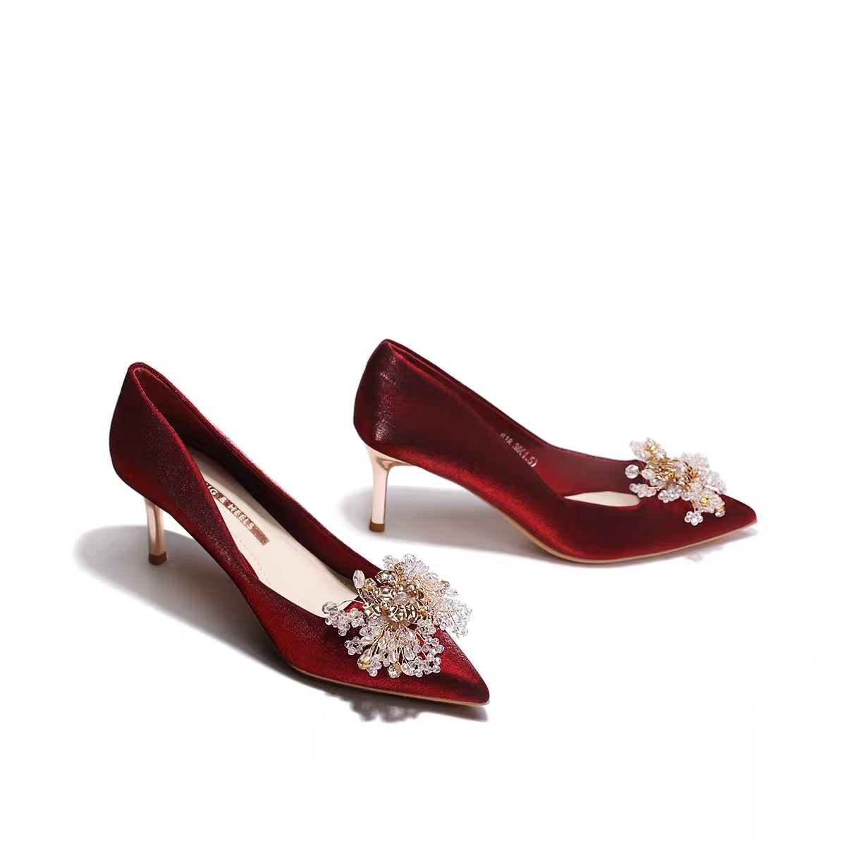 AUENODLS wine red rhinestone bow pointed high heels female stiletto Xiuhe two wear Chinese bridesmaid wedding shoes