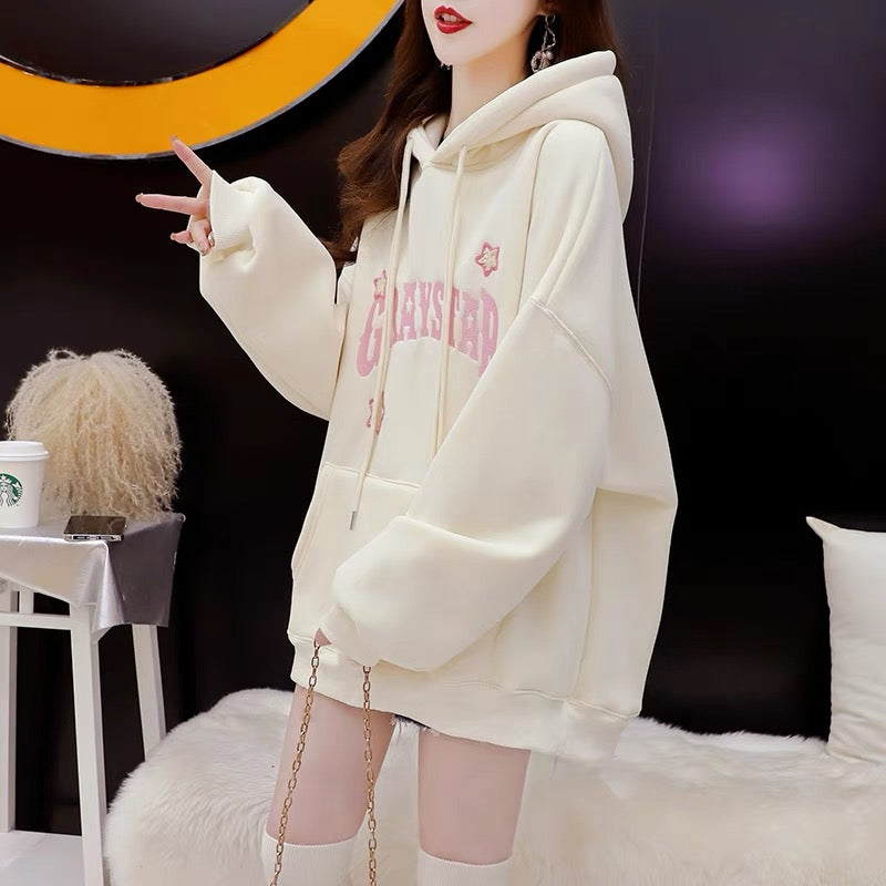 Fleece and thickened hooded sweater women's 2022 new autumn and winter hot style fashion foreign style loose design top coat