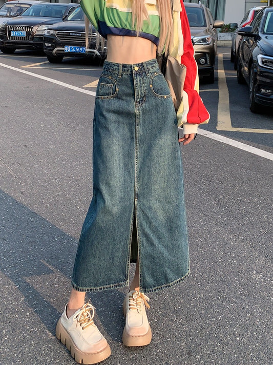 Retro denim skirt design sense slit skirt women's spring small A-line skirt mid-length skirt skirt