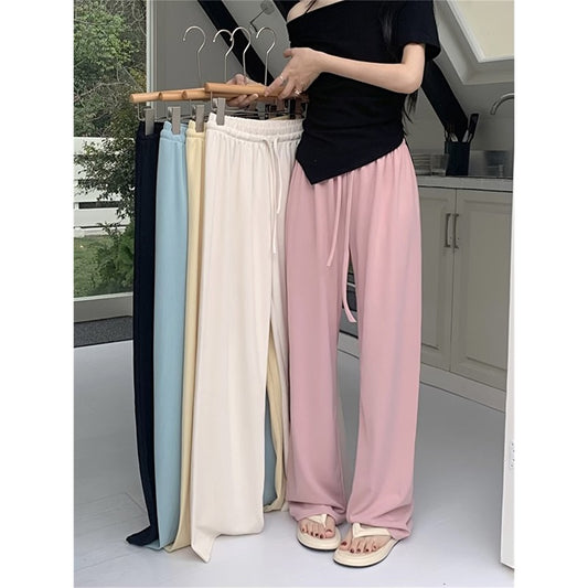 Chic pink casual pants summer design sense high waist straight wide leg pants chic mopping trousers female ins tide