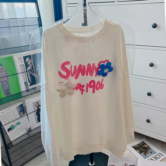 CHUNDADA sweater 2022 new female letter printing three-dimensional flower white autumn long-sleeved top ins tide