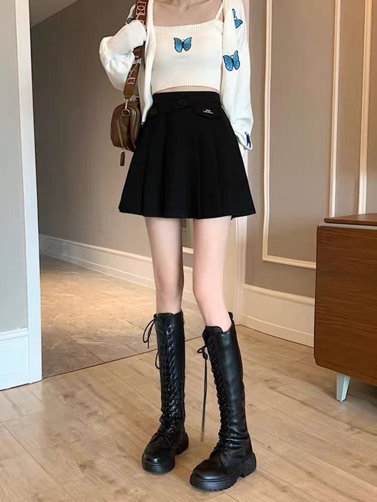  A-line Short Skirt Black Slim Fit High Waist Pleated