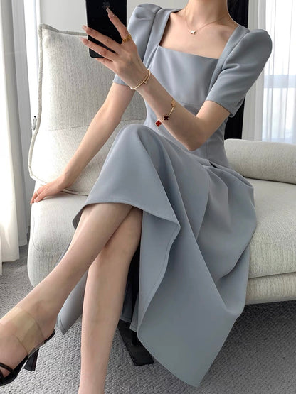 Guoge custom square neck dress 2022 summer new waist slim temperament goddess fan puff sleeve long skirt