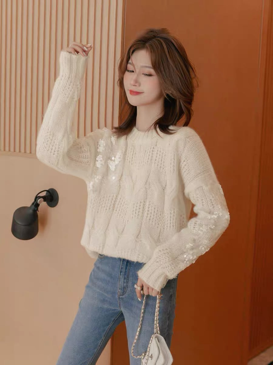 Small grain round neck knitted sweater women's 2022 autumn new loose and thin design sense niche top ins trend