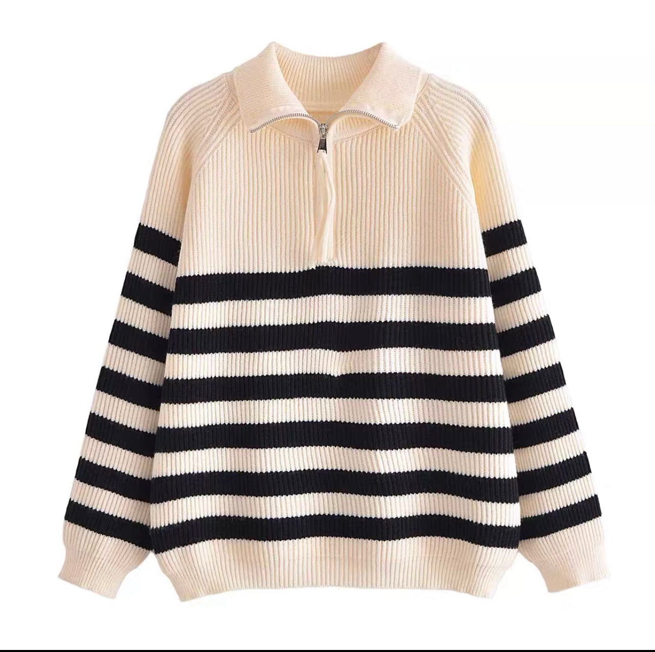 KASLEAD new women's clothing European and American style design sense niche half zipper striped sweater loose knitwear