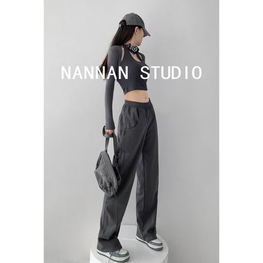 European and American style splicing slanted edge side pocket sports pants women's 2023 spring and autumn new loose straight-leg pants wide-leg mopping pants