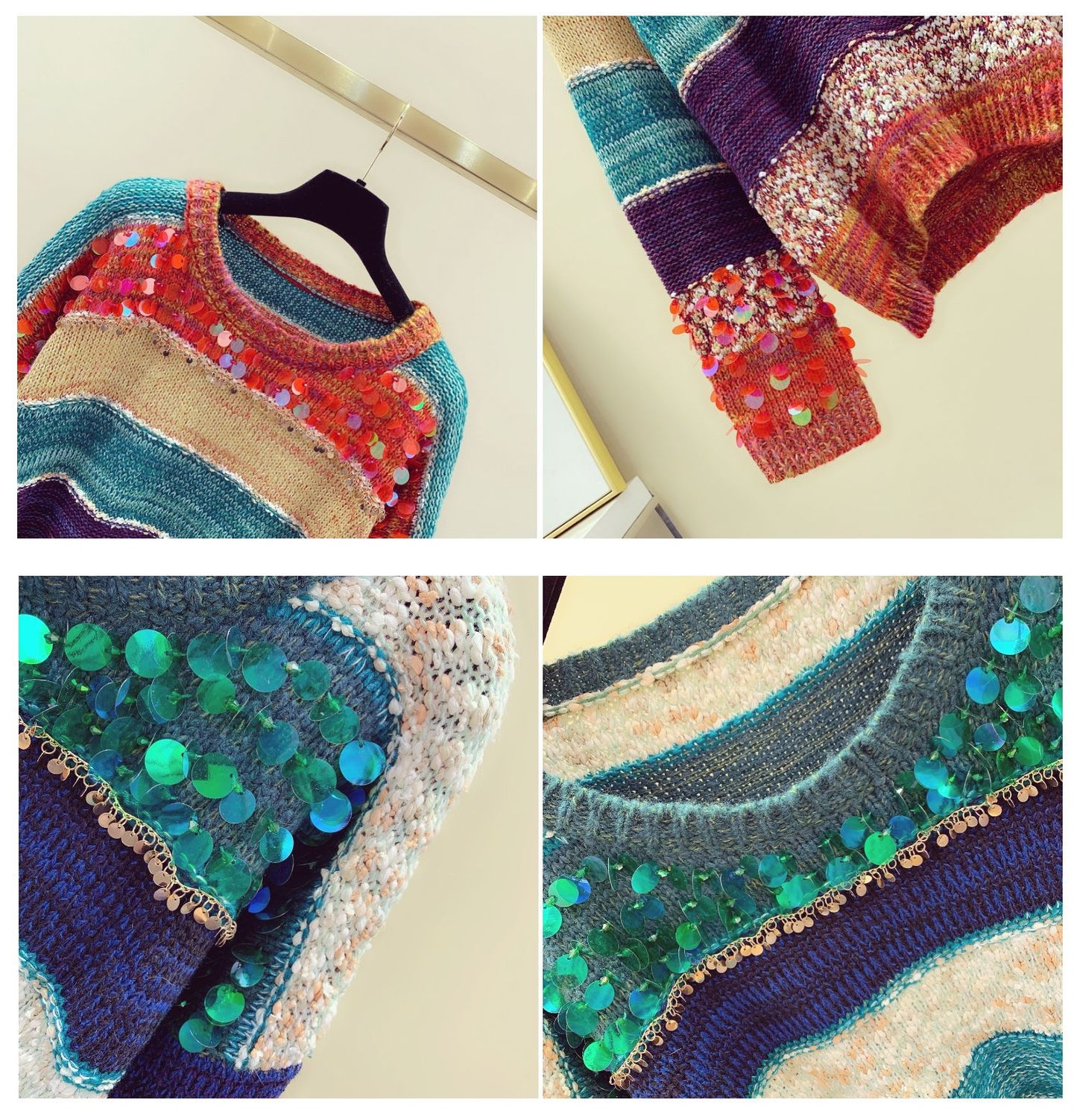 2022 autumn and winter Korean version of heavy industry color matching rainbow stripes sequins beading outerwear loose pullover sweater women's knitted sweater