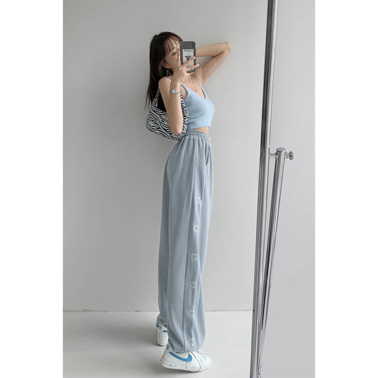 Gouache Blue Loose Sweatpants Women's Side Love Embroidery Stitching Slim Leggings Pants High Waist Casual Straight Sweatpants