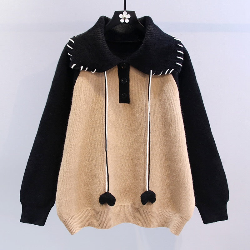 Love drawstring design contrast color sweater women's autumn and winter 2023 new loose lazy style western style knitted top