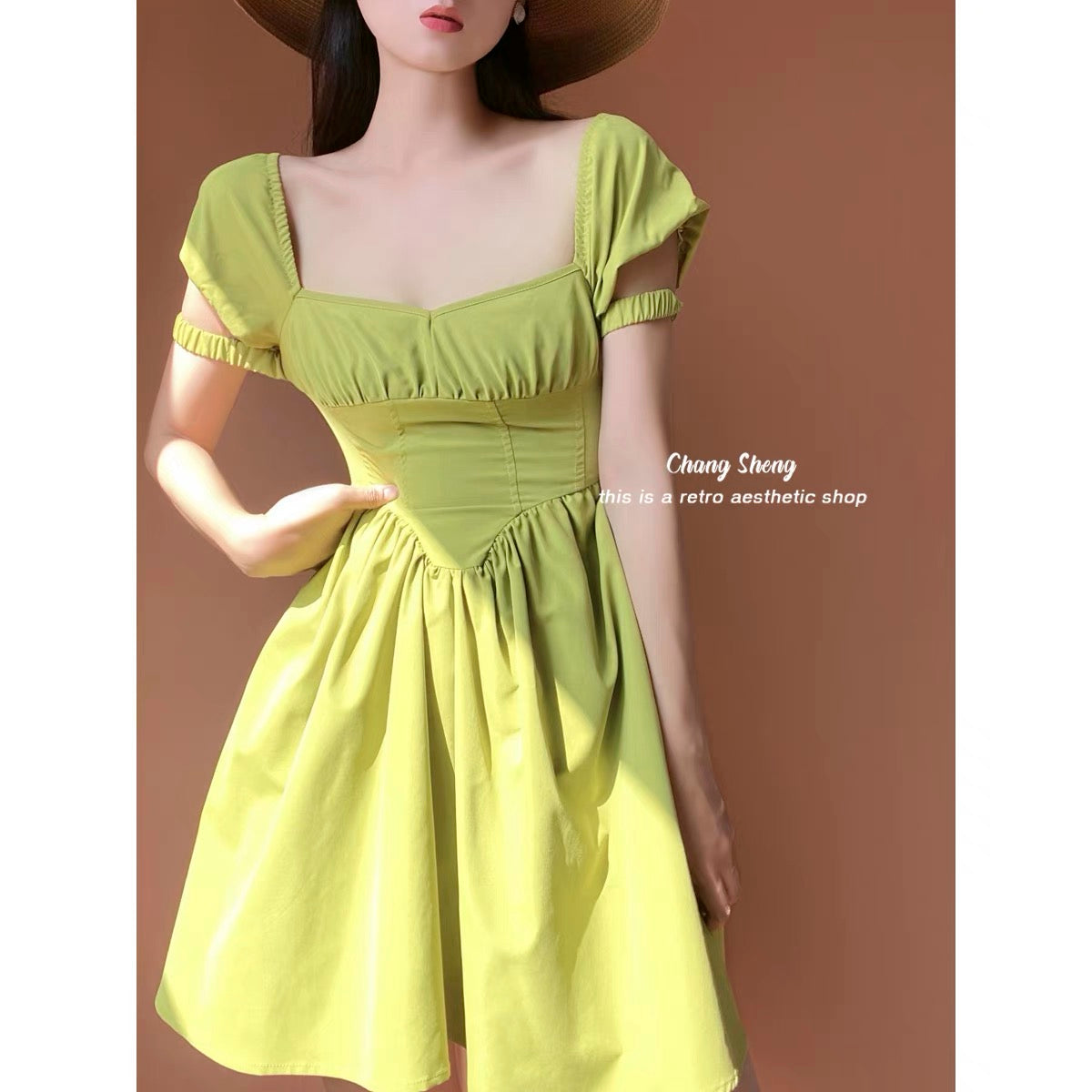 (Pre-Order) CHANGSHENG 4/12 20:00 Green Rattan Flower Mustard Green Pure Desire Dress Puff Sleeves Square Neck Tutu Skirt