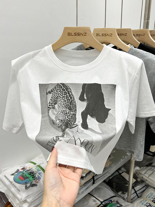 Black shoulder t-shirt women's short-sleeved summer printed shoulder pads chic American short top loose half-sleeved T-shirt trendy