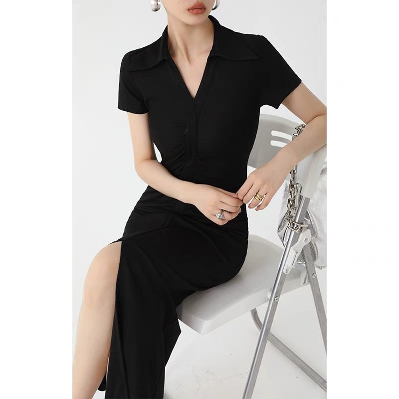 WANGXO gray Polo collar dress women's summer 2022 new pleated waist waist thin slit mid-length skirt