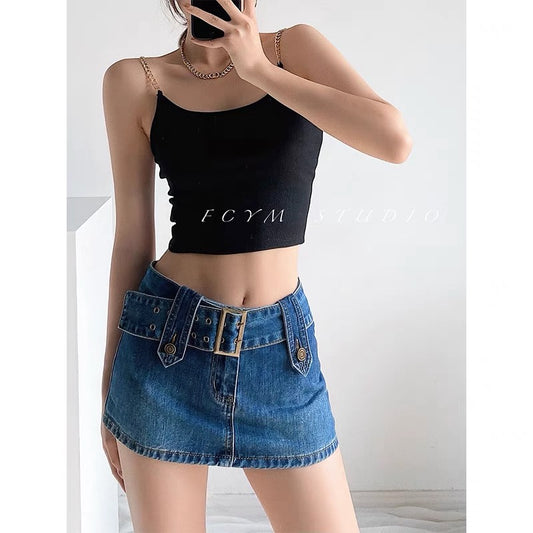 European and American street shooting personality belt denim skirt women's summer tight high waist thin skirt anti-shine bag hip skirt 1511