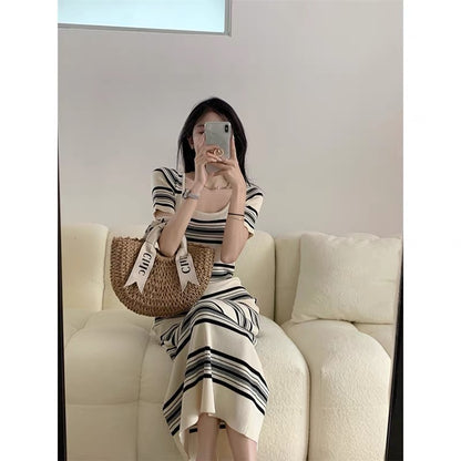 Striped square neck short-sleeved dress women's summer knitted retro slim waist mid-length one-step hip skirt 1180