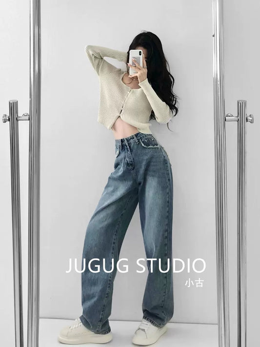 JUGUG American straight jeans women's spring and summer fall feeling loose mopping high-waisted wide-leg pants slim dad pants