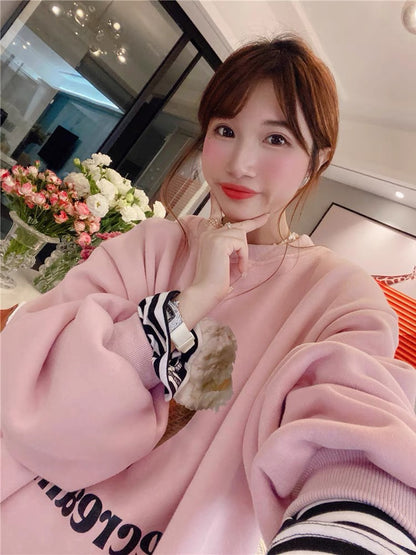 JENNIFER JXLIU Korean winter ~ Western pink ^ ice cream print pattern plus velvet loose sweater