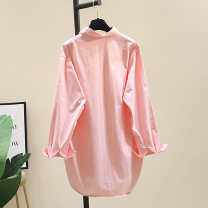 Shirt women's long-sleeved 2023 spring new Korean version loose design sense niche layered mid-length pink shirt trendy