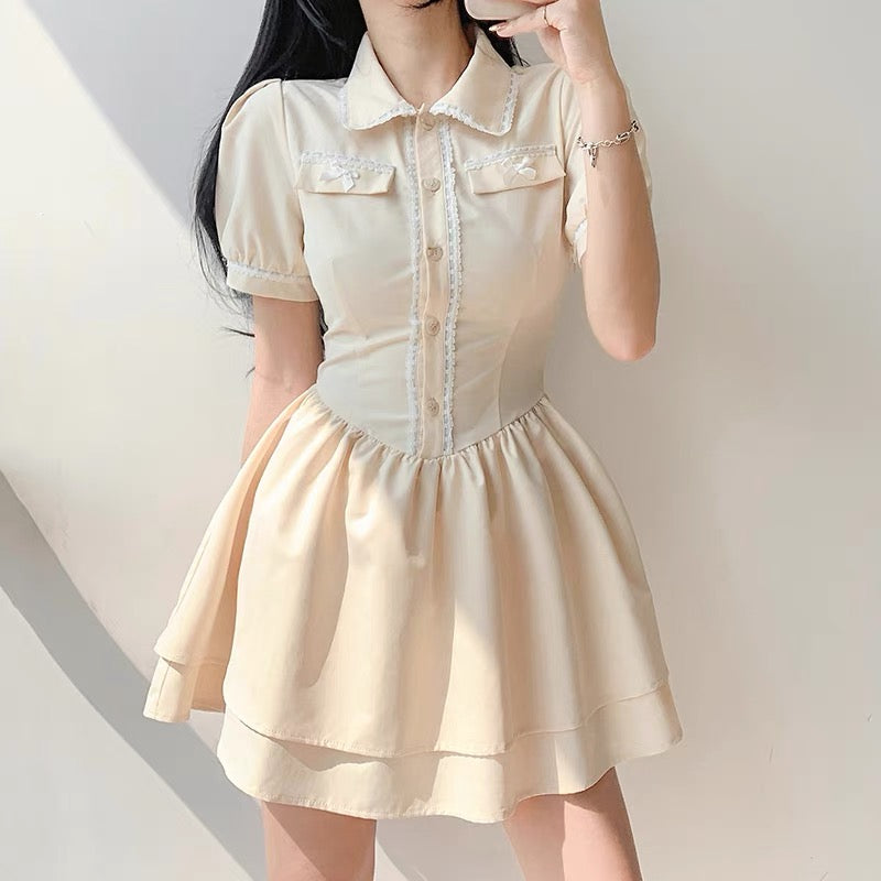 Amyway French girly polo collar waistband slim cake skirt niche milk sweet apricot waist dress summer