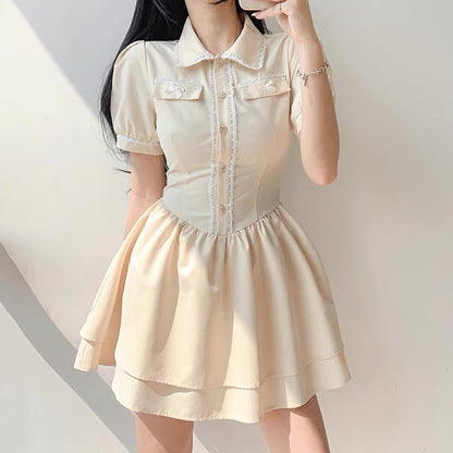 Amyway French girly polo collar waistband slim cake skirt niche milk sweet apricot waist dress summer