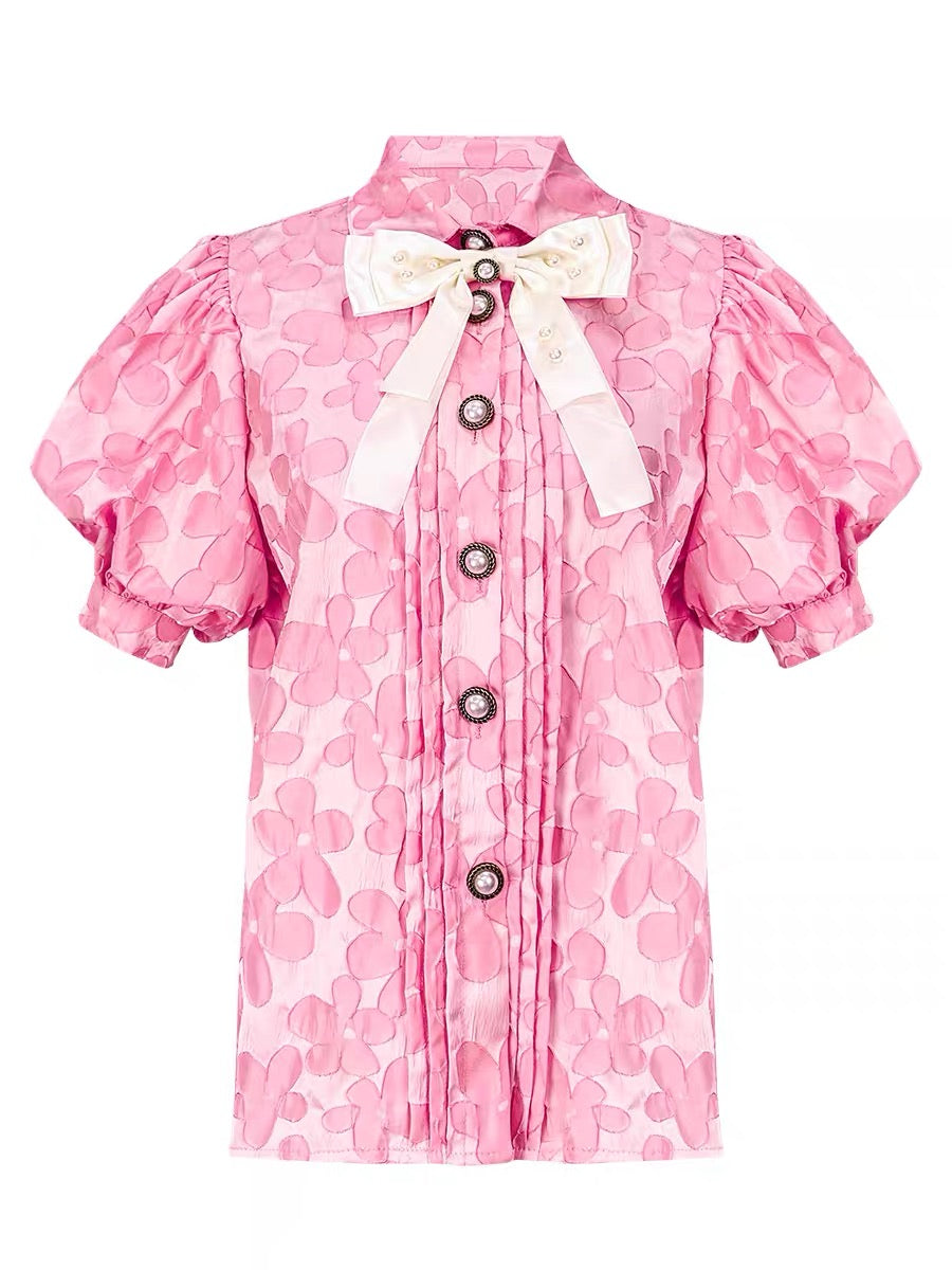 (Pre-Order) Pink bow girly shirt female puff sleeves super fairy sweet Korean top chic and beautiful small shirt
