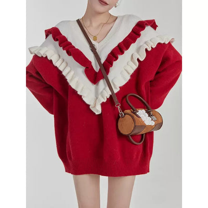 LLL LAB New Year's Shirt Red Sweater Design Sensation Niche Gentle Contrast Atmosphere Loose V-Neck Sweater 1640