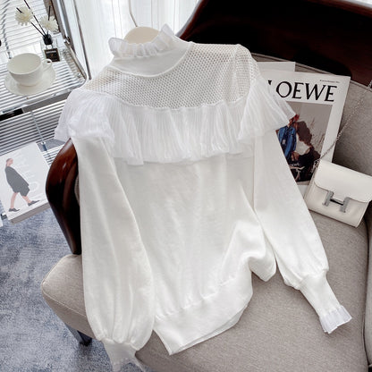 2022 autumn and winter new hollow-out ruffled half-high collar sweater niche chic outer wear inner sweater top women