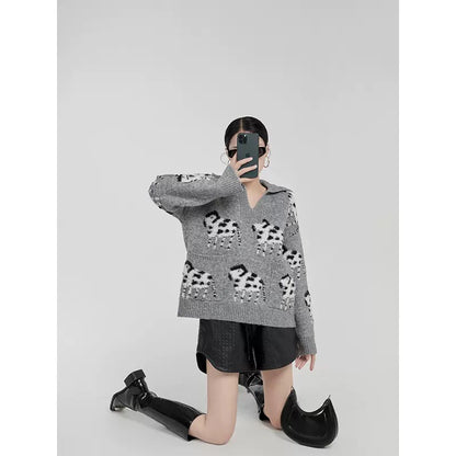 LLL LAB early autumn new top ins small zebra jacquard knitted sweater French sweater coat Korean lazy style 1642