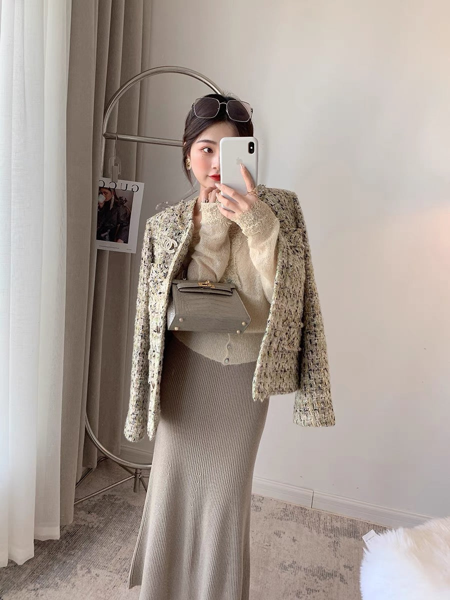 CHICROOM small fragrance coat women's autumn and winter round neck temperament retro short small thick tweed coat