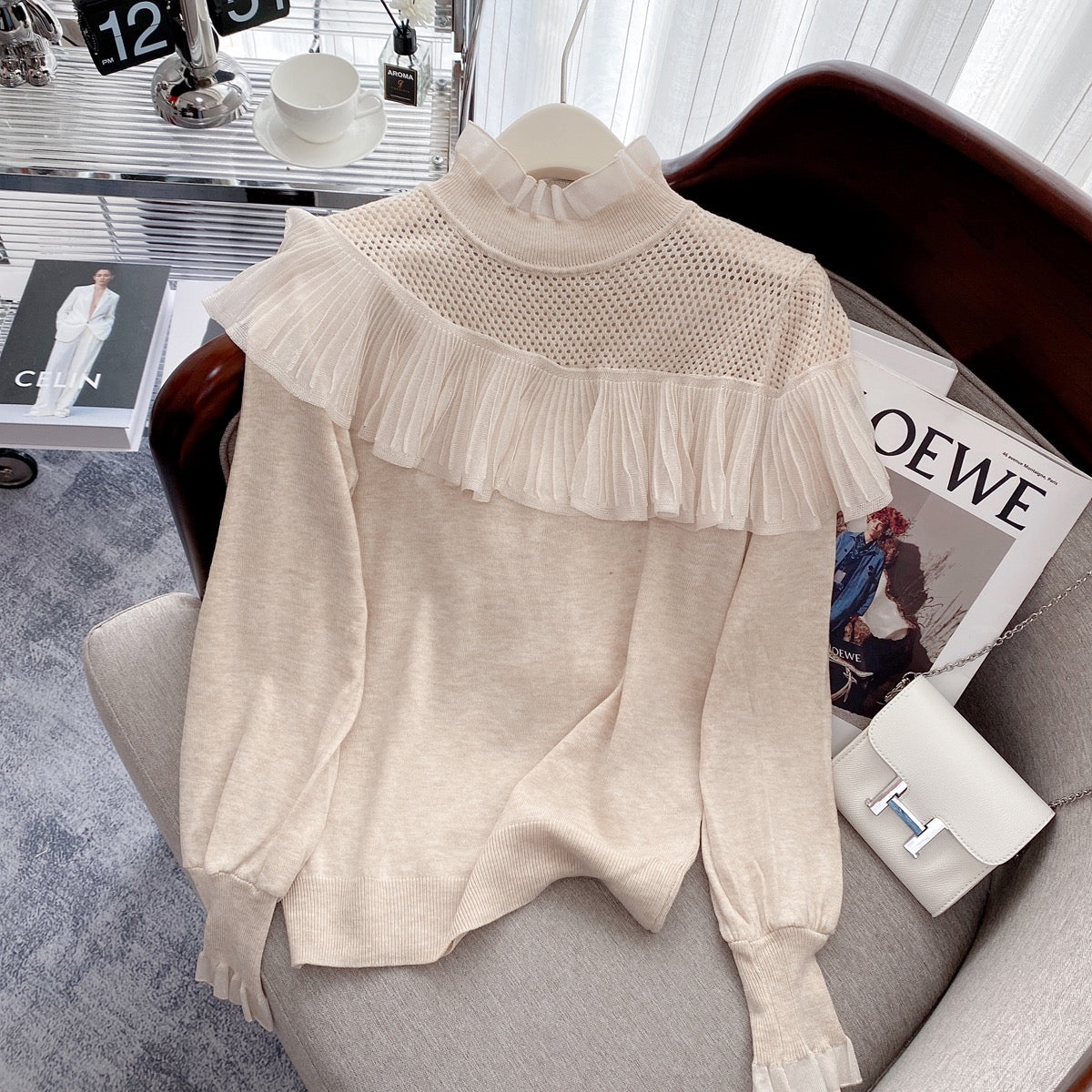 2022 autumn and winter new hollow-out ruffled half-high collar sweater niche chic outer wear inner sweater top women