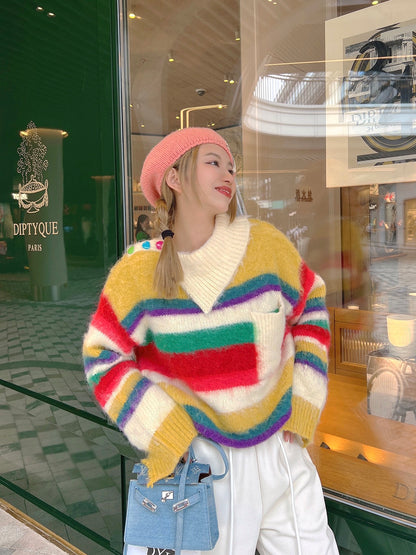 Thebestxue Korean version of the rainbow half-high collar striped hair love button milk whirr soft waxy wind sweater women autumn and winter