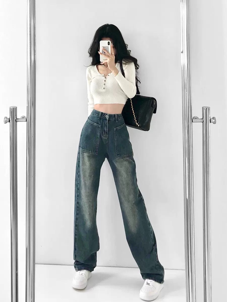 Smoke gray denim overalls women's 2022 summer thin and tall ~ American retro style trousers with slit design