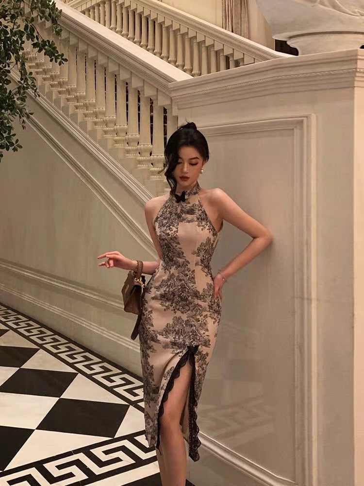 Retro national style shows thin temperament split hanging neck new Chinese style improved cheongsam dress female 2022 summer new7271