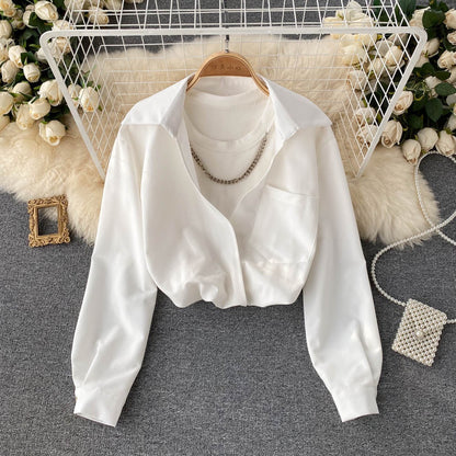 Hong Kong style chic French shirt women's design sense niche chain splicing short fake two-piece top temperament autumn clothing