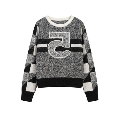 Good morning Fanfan double-sided jacquard color matching 5-character pattern sweater women's autumn and winter loose design casual knitted top