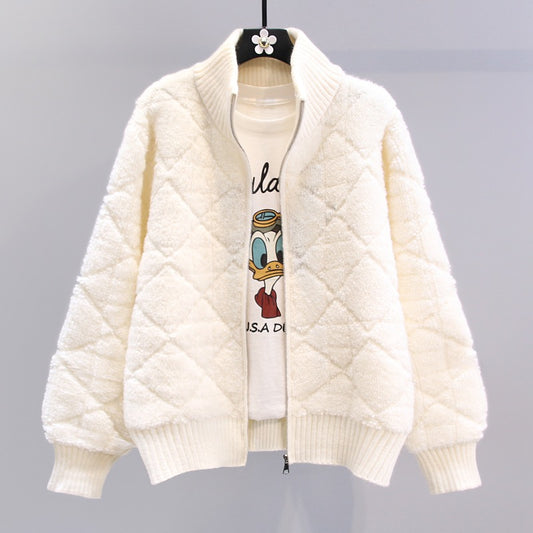 Small fragrant style diamond-shaped zipper sweater coat women 2023 new loose lazy style high-quality knitted cardigan