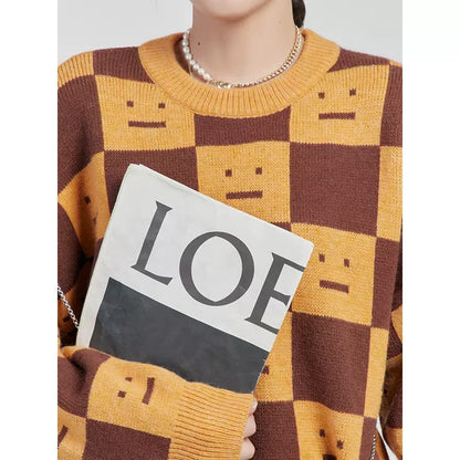 LLL LAB/Hong Kong flavor retro chic top autumn checkerboard smiley knitted pullover high-quality super nice sweater 1643