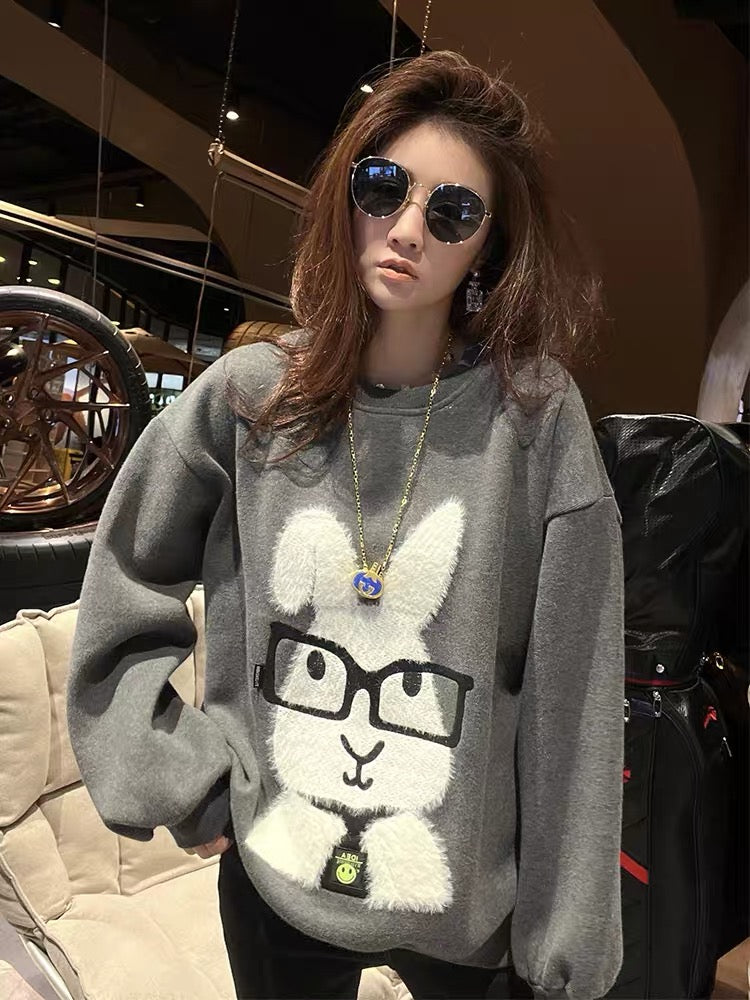 Loose and lazy style gray rabbit sweater plus velvet women's autumn and winter 2022 new European goods niche design top trend